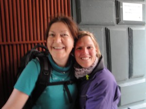 Natasha with Heike in line to receive our Compostela.  Natasha is in the German Army (prettiest soldier I ever saw!) and another one of those angels who welcomed us at Reliegos.  She was leaving the next day to continue walking to Finisterre.  Champions League, Natasha!