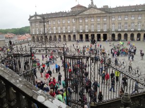 Typical scene at the Plaza in front of the Santiago Cathedral. Pilgrims from all over the world.